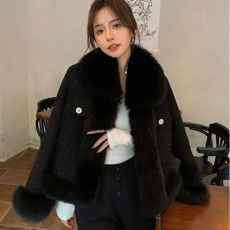 Winter New Women Imitation Fox Fur Coat Female Casual Warm Woolen Outwear Fashion Patchwork Wool Slim Fit Short Jacket