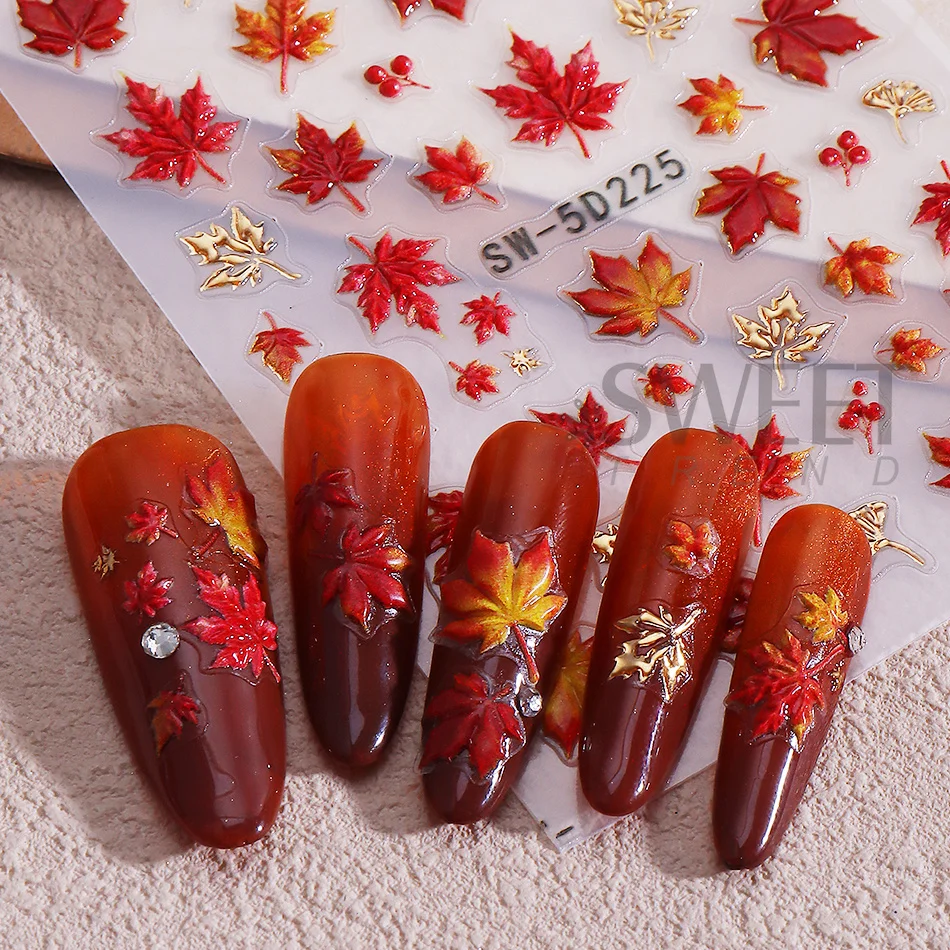 2 Stück 5D geprägte Ahornblatt-Nagelkunst-Aufkleber, herbstrotte Ahornblätter mit goldenen Adern, selbstklebende Nagelsticker, Herbst-Maniküre-Dekoration – Detail 5