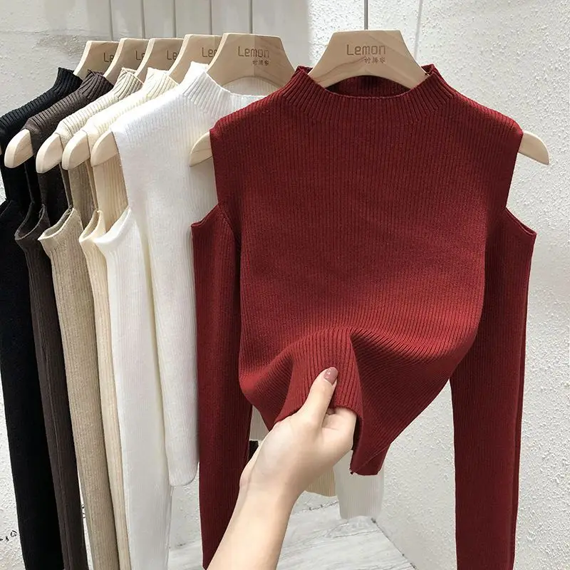 Mock Neck Female Sweater Fashion Off-the-shoulder Women's Pullover Tops Long-sleeve Autumn New Bottoming Knitted Shirt