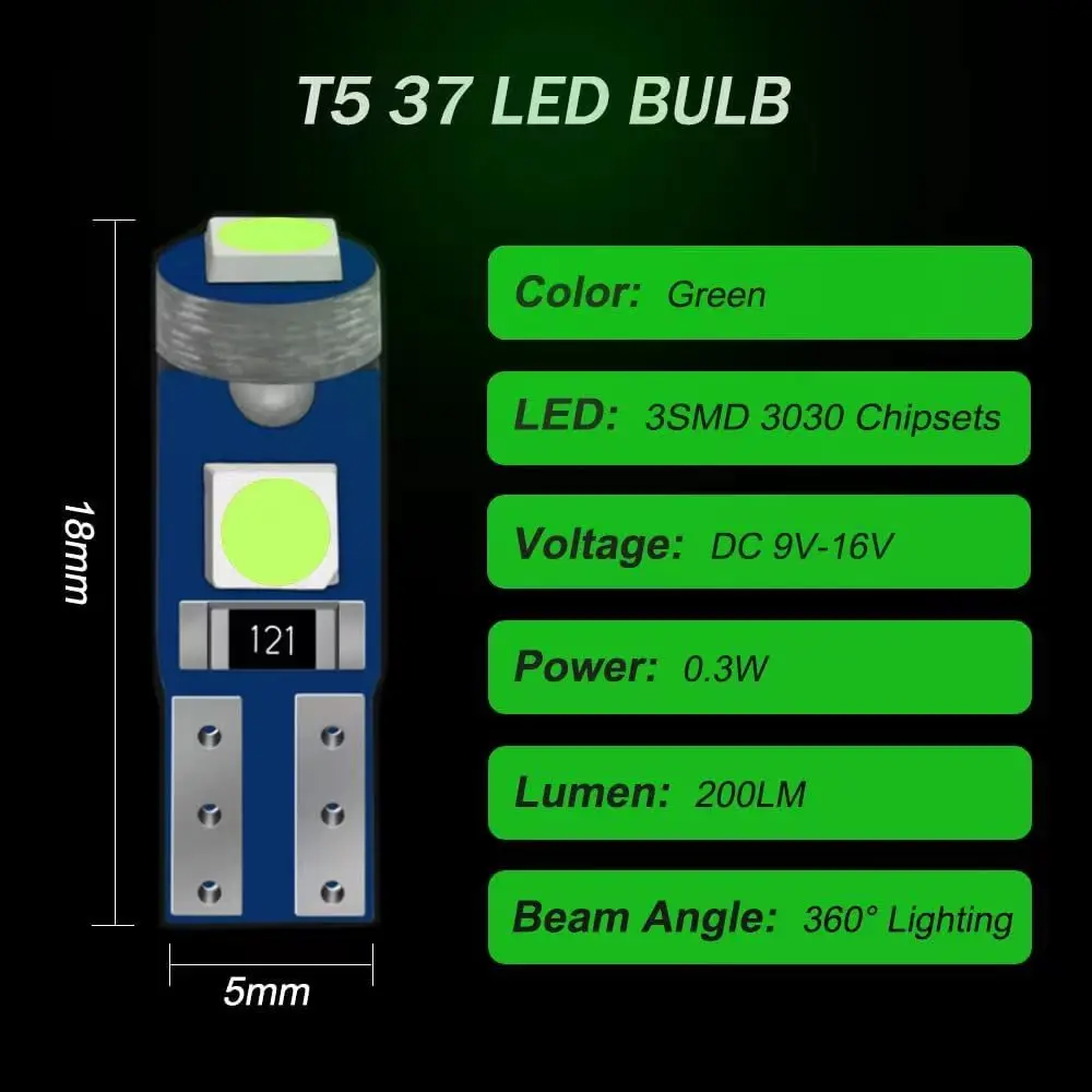 10Pcs T5 Led Bulb W3W W1.2W Led Canbus Car Interior Lights  Dashboard Colorful Indicator Wedge Auto Instrument Lamp 12V