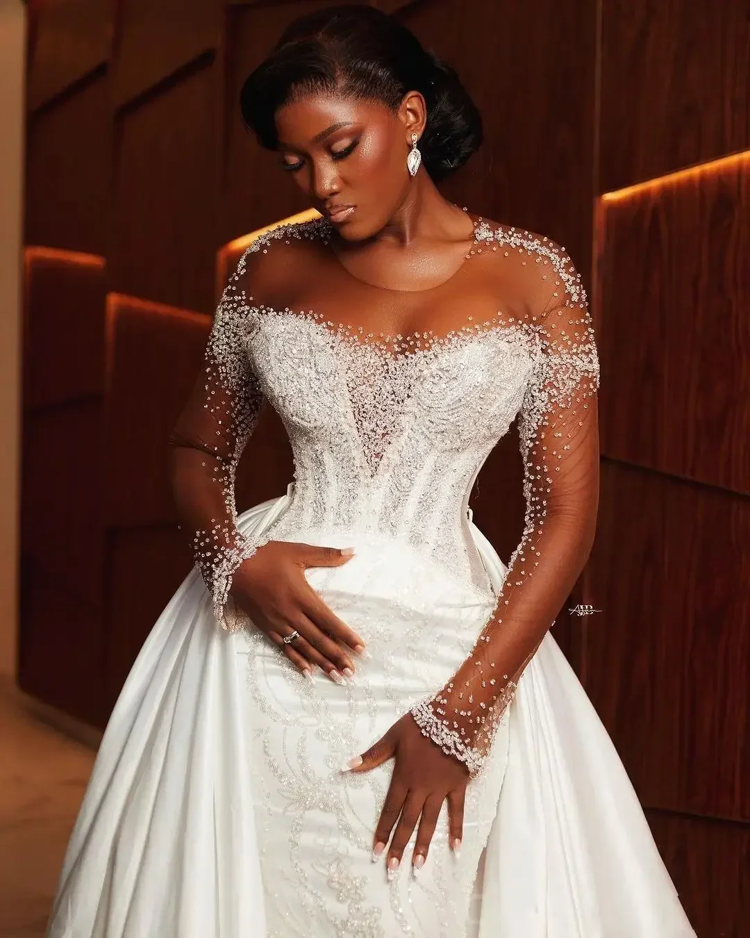 Customized Scoop Neck Handmade Full Beads Mermaid Wedding Dress Vestidos De Novias with Detachable  Long Sleeve   Bridal Gown
