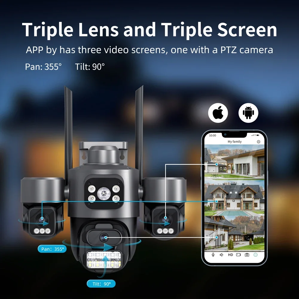 Wireless IP Camera 3 Lens 3 Screen 360° Auto Tracking Color Nightvision Outdoor CCTV WiFi Video Protection Security Camera ICsee