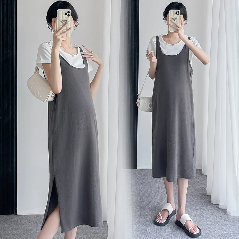 

2024 Summer Maternity Faux Two Piece Dress Short Sleeve O-Neck Side Split Pregnant Women Cotton Dress Black Grey Patchwork Dress