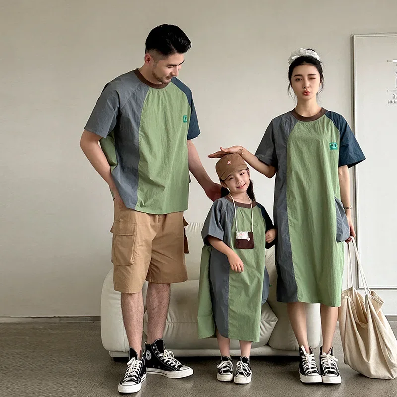 Korean Family Matching Set 2025 Summer Color Block Casual Outdoor Style Outfit Cute Vacation Clothes Dress Mom Daughter Mountain
