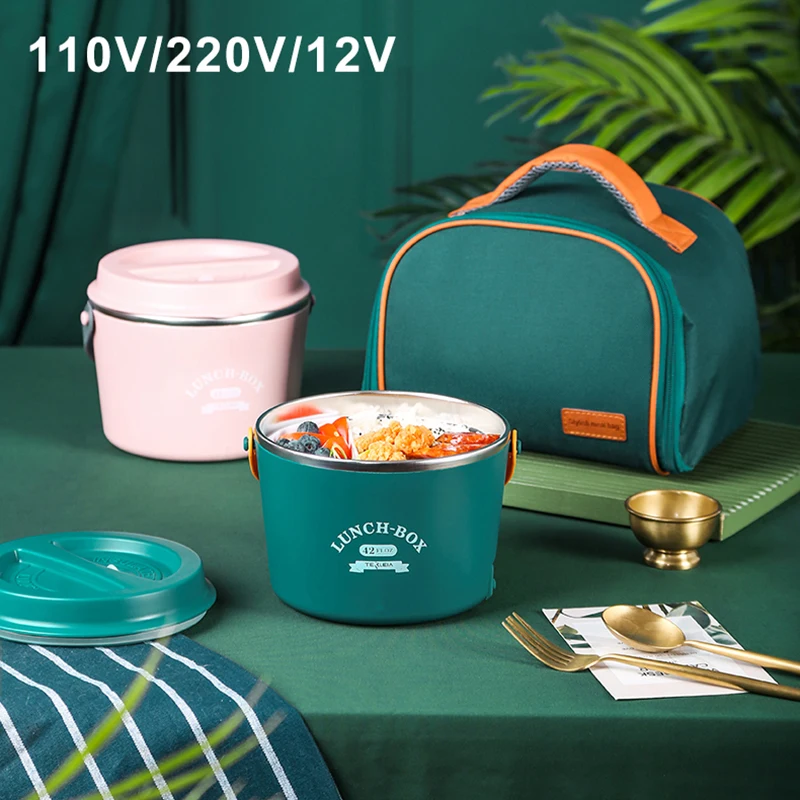 صندوق غداء كهربائي 110 فولت/220 فولت 1.2L طنجرة أرز محمولة من الفولاذ المقاوم للصدأ بطانة عزل ذكية لدفء الطعام باخرة للمكتب