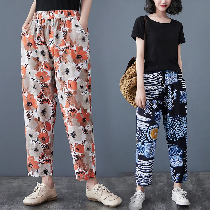 Women Summer Floral Printed Trousers Loose Vintage Imitation Cotton Linen Cropped Harem Pants Lady Streetwear Pants All-match