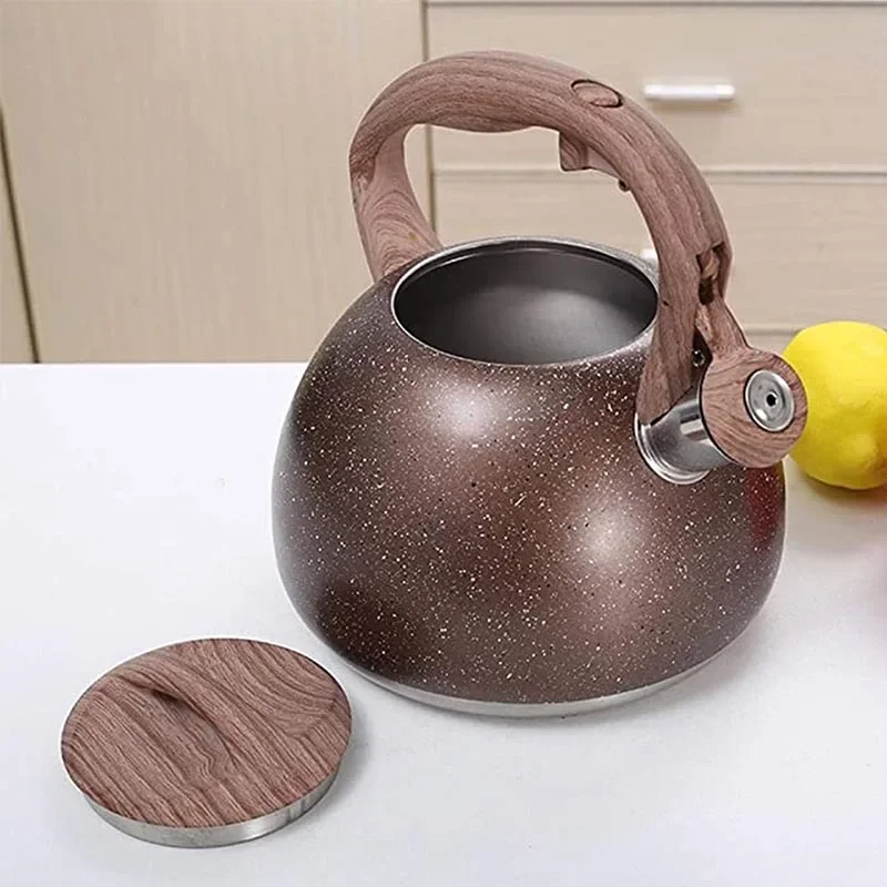 New 3L Stainless Steel Large Capacity Whistle Kettle Gas Cooker Induction Kettle Wood Grain Handle Flat Bottom Kettle Teapot