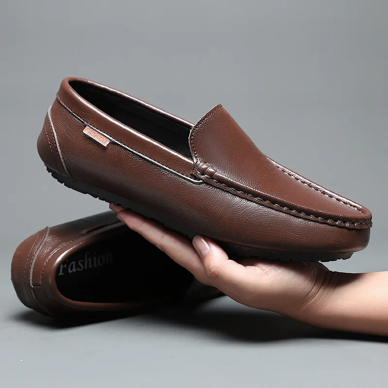 

2026 Genuine Leather Men Casual Luxury Brand Soft Mens Loafers Moccasins Breathable Slip on Black Driving Shoes Plus Size