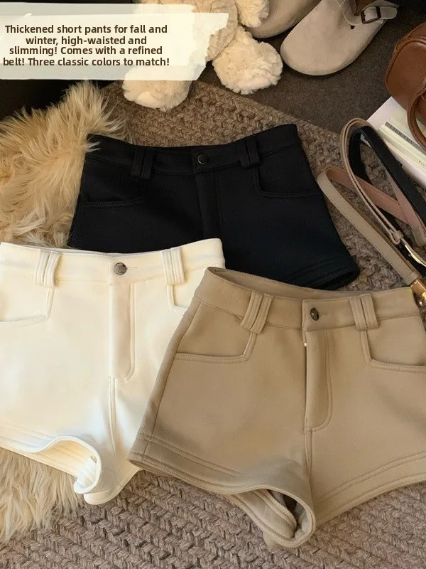 

High Waist Slim Fit Straight Leg Fleece Lined Casual Shorts Women's Autumn Winter New Style Khaki Versatile Slimming Hot Pants