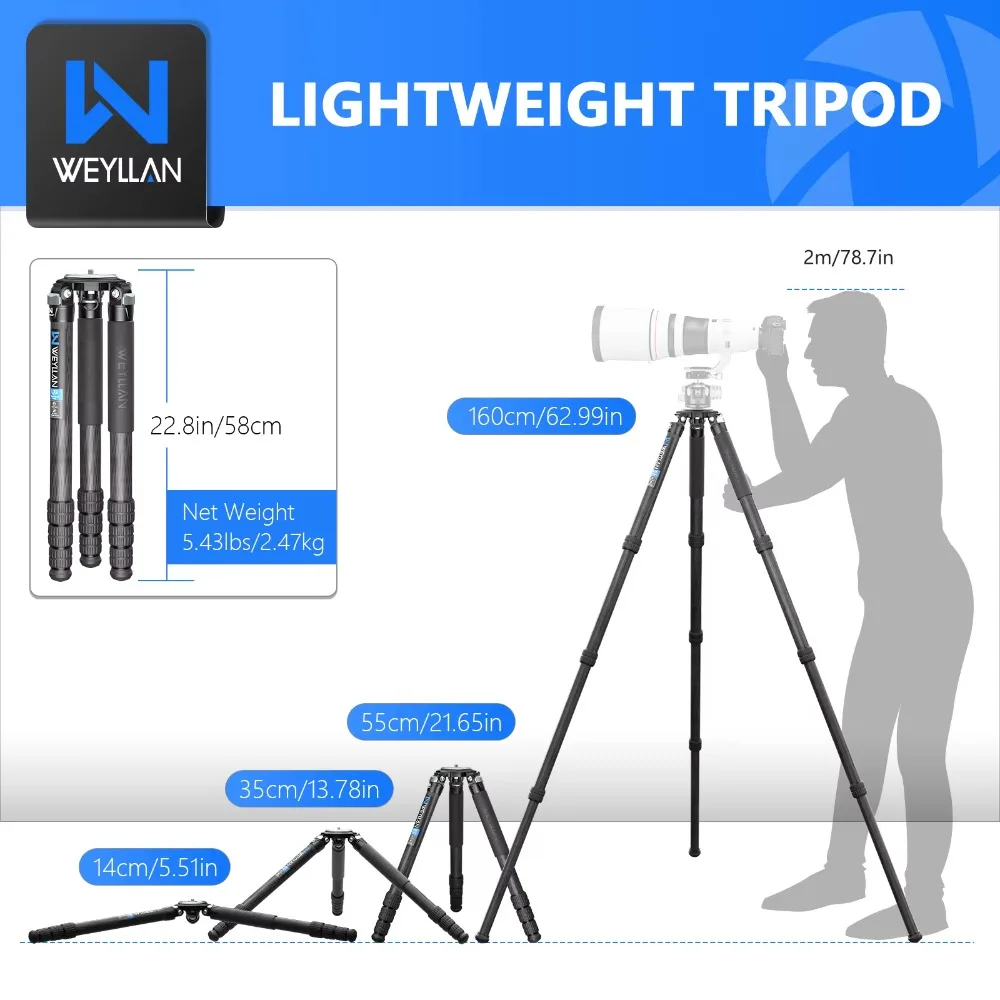 WEYLLAN LX9 Treppiede professionale in fibra di carbonio per fotocamera DSLR Treppiede da caccia per carichi pesanti con adattatore per ciotola da 75 mm Tubo da 40 mm Carico 40 kg