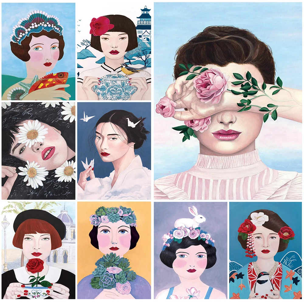 

Illustration Girl with Flower Cartoon Nordic Posters Wall Art Canvas Painting Home Decor Wall Pictures For Living Room Unframed