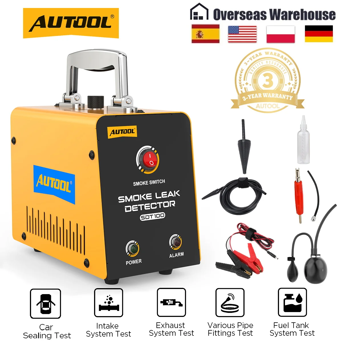 Détecteur de fuites AUTOOL SDT100 pour voiture, machine à fumée 12V, outil de diagnostic pour système EVAP et tuyaux de carburant avec pompe à air intégrée