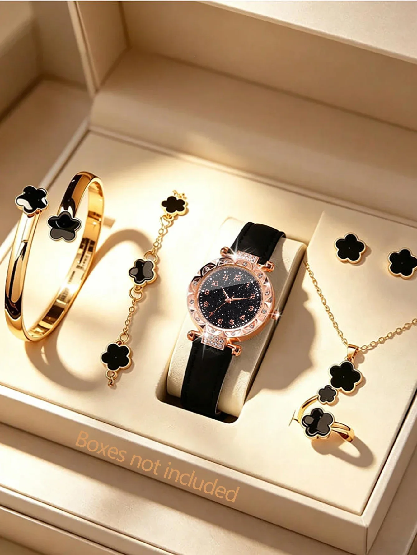 PU Leather Quartz Watch Set with Floral Design Bracelet Necklace Bracelet Ring Earring Jewelry Gift for Festivals