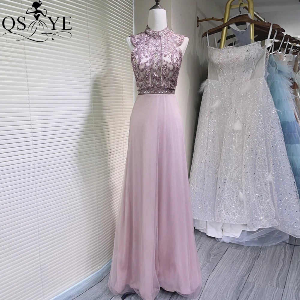 Pale Mauve Semi A line Prom Dress High neck Crystal Bodice Evening Dress Open Low Back Sweep Train Party Gown 2024