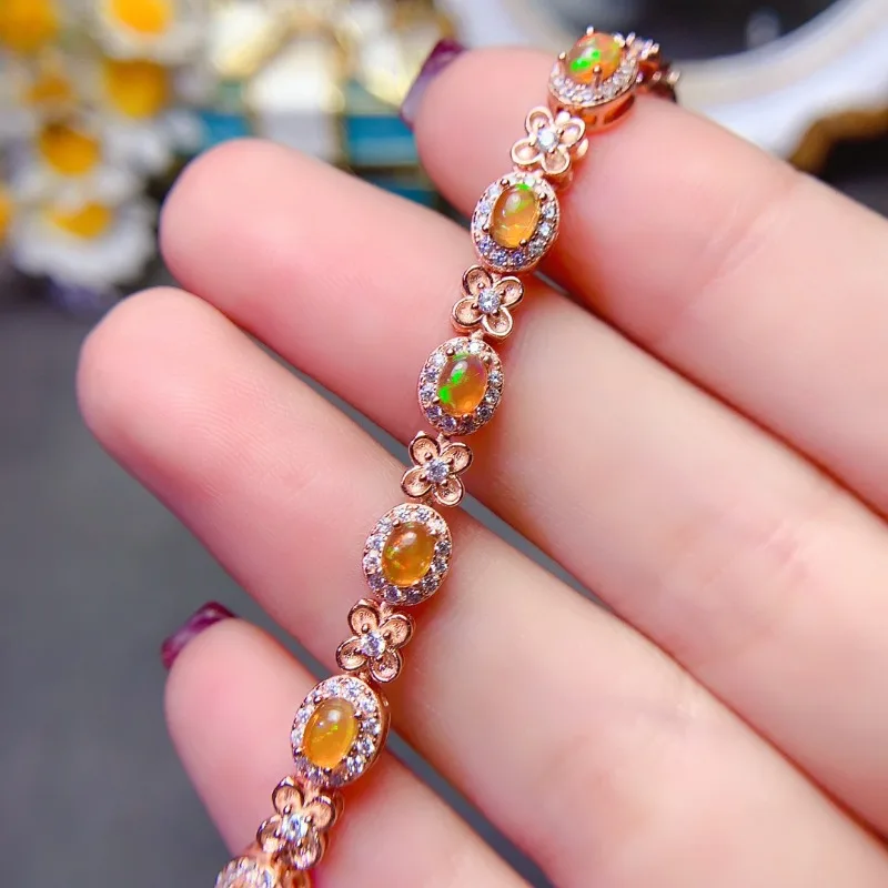 Simple Natural Orange Opal Gemstone Bracelet for Women Jewelry Natural Gem Real 925 Silver Good Gift