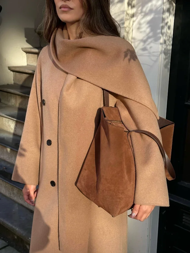 2024 Chic Double-breasted Scarf Collar Woolen Overcoat Women Elegant Solid Oversized Long Sleeve Coat New Popular Lady Outerwear