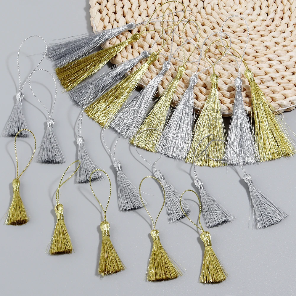 30 pcs/Pack Gold Silver Color Tassels Polyester Silky Fringes with Cord Loops for DIY Bookmark Jewelry Craft Handmade Materials