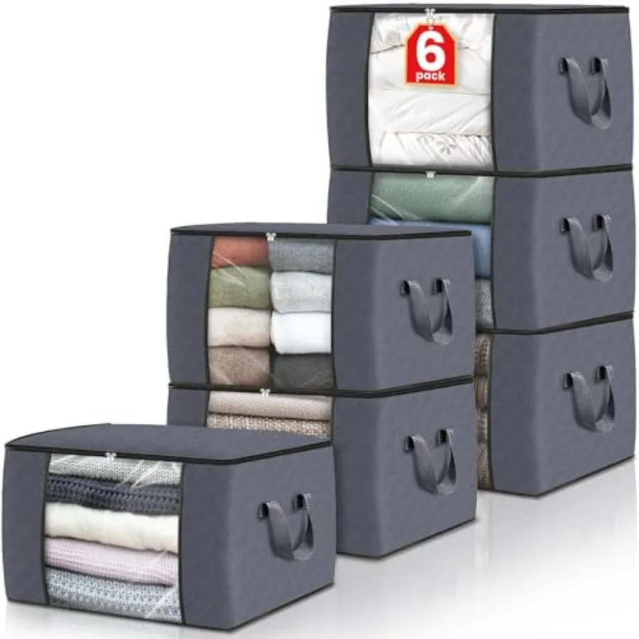 6 Pack Storage Bags for Clothes and Blanket, Foldable Closet Organizers and Storage with Zippers, Clear Window and Handles, Fab