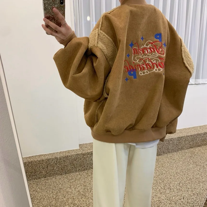 

Retro Chic Bastitch Letter Print Plu Jaet Women's Loose Baseball Sle Top for Autumn Winter Spring Sli Korean Faion