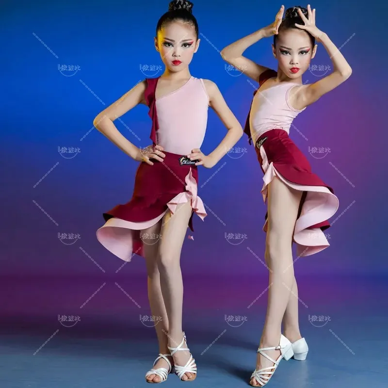 Summer Child Girls Latin Dance Dress Ballroom Professional Girl Latin Costumes Kid Salsa Rumba Competition Practice Dancewear