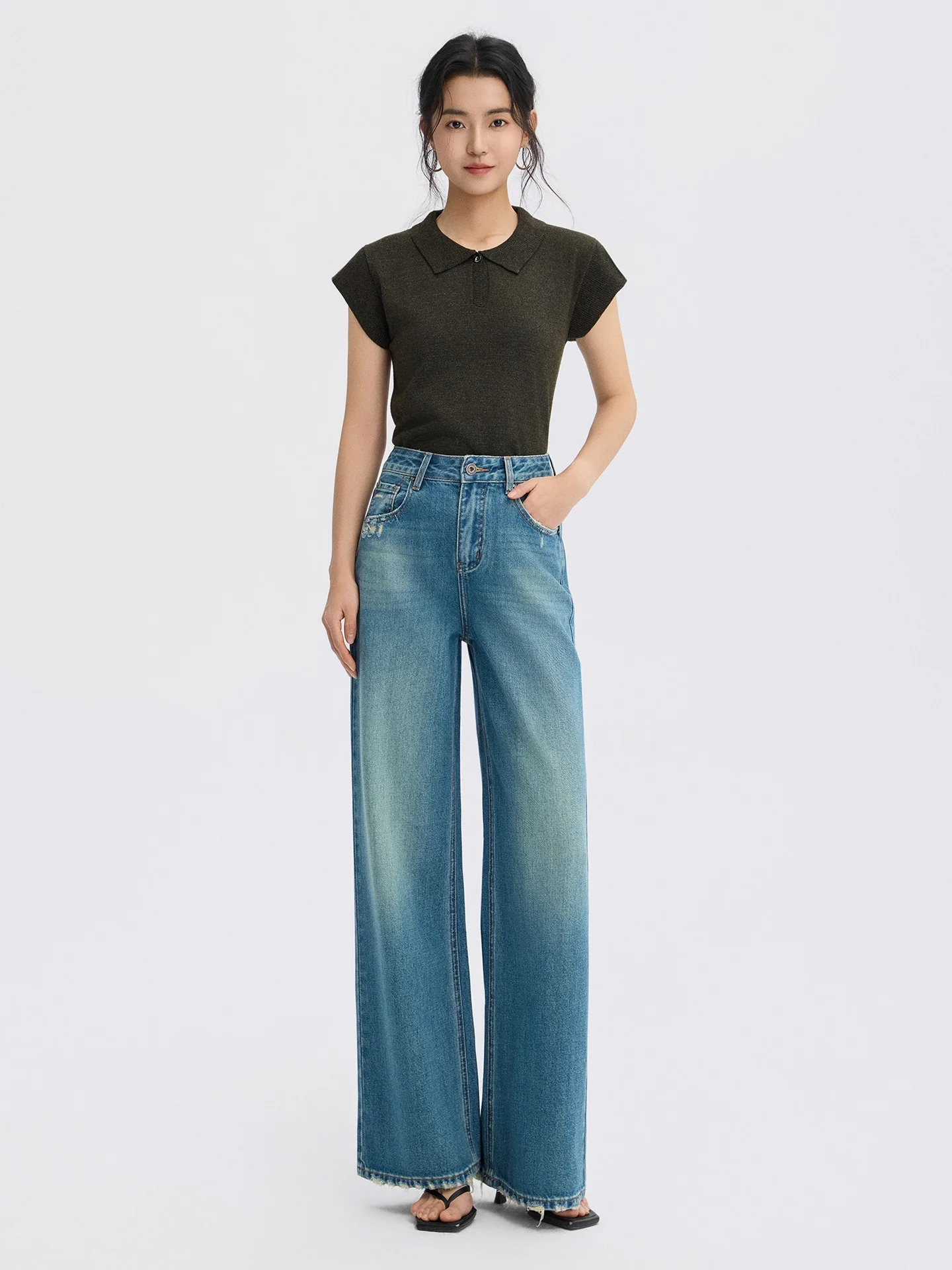 

Retro Blue Wide Leg Denim Jeans Women's Small Size Straight Loose Spring New Worn out Floor-Length Pants High Waist Cotton Soft