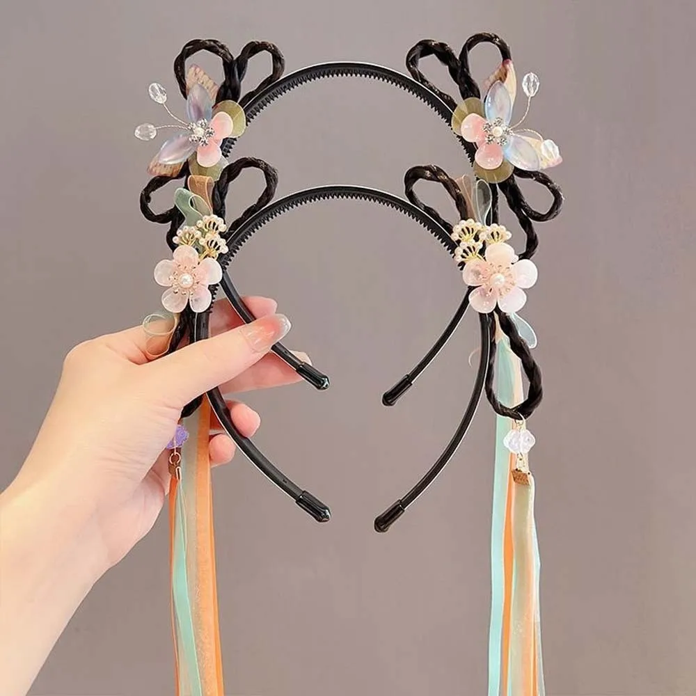 

Chinese Style Butterfly Ribbon Headband Exquisite Embroidery Beads Wigs Braided Hair Hoop with Hair Clips Bow