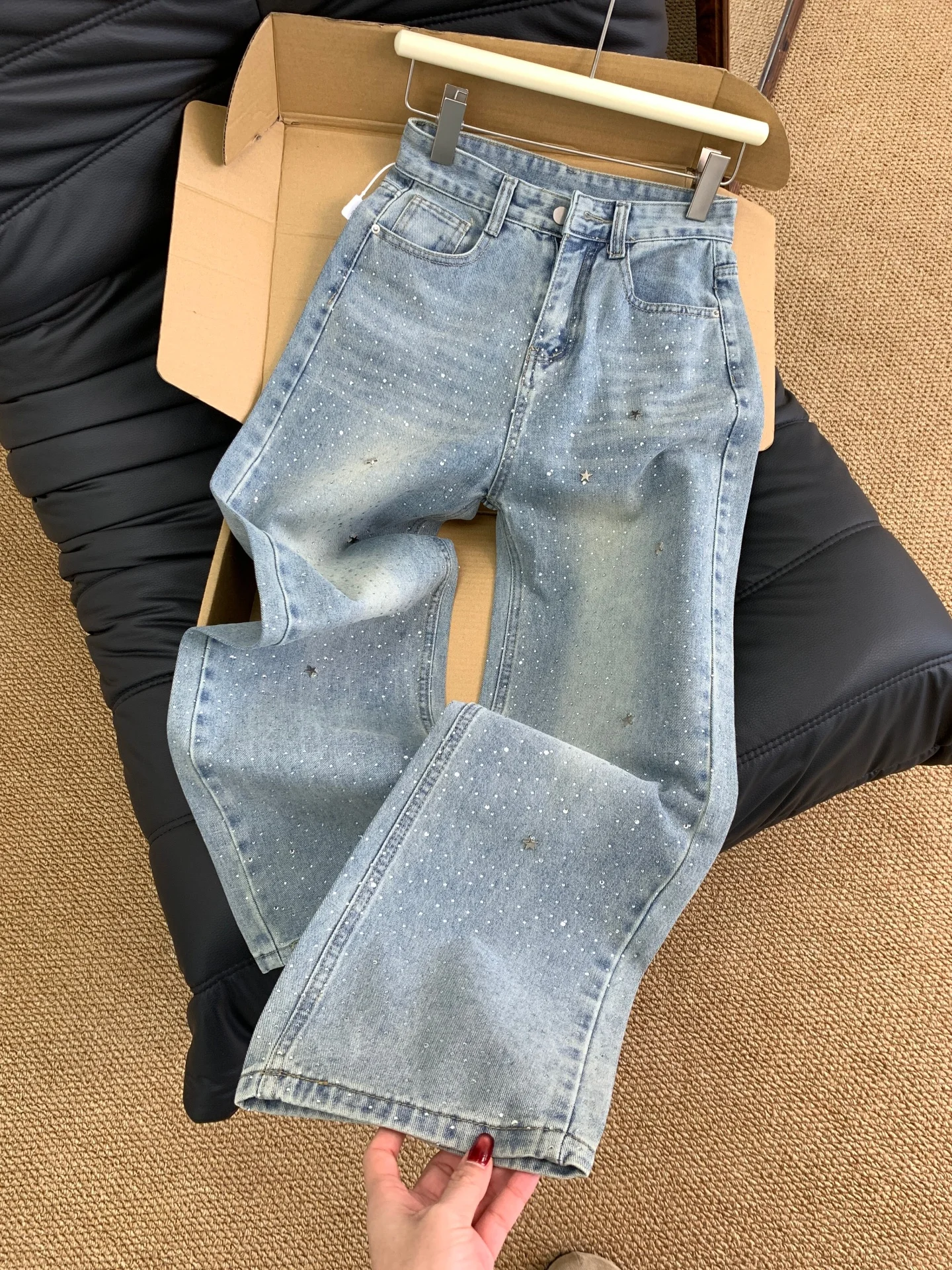 

Women's Loose Straight Leg Jeans Glitter Design Slimming Narrow Version Wide Leg Long Trousers Casual High Waist Denim Pants