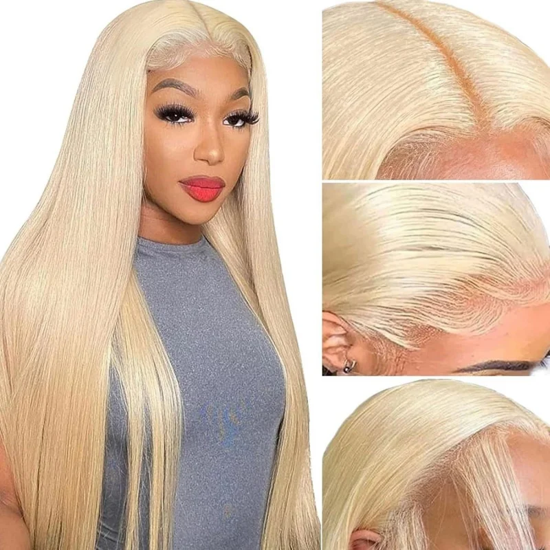 , lace front synthetic fiber cap, light golden color, middle-parted long straight hair, platinum blonde wig