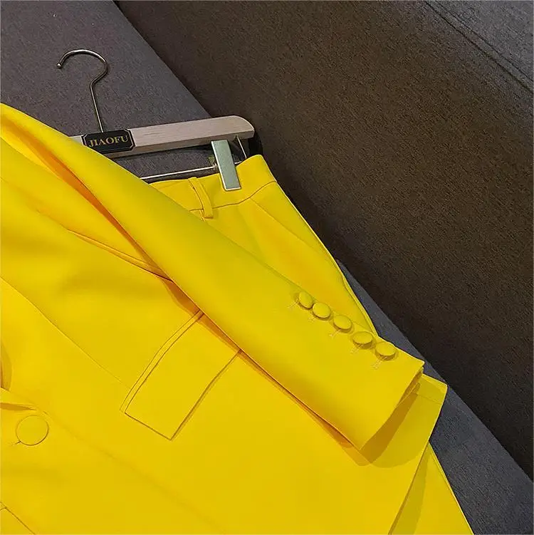 All Season Lemon Yellow Office Lady Suit Double-breasted Long Sleeve Blazer Flared Pants Women Solid Two piece set 2024