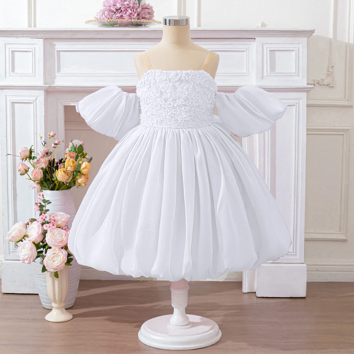 Elegant White Bridesmaid Party Girls Dresses Puff Sleeve Wedding Evening Gown Fashion Big Bow Princess Birthday Graduation Dress - view 3