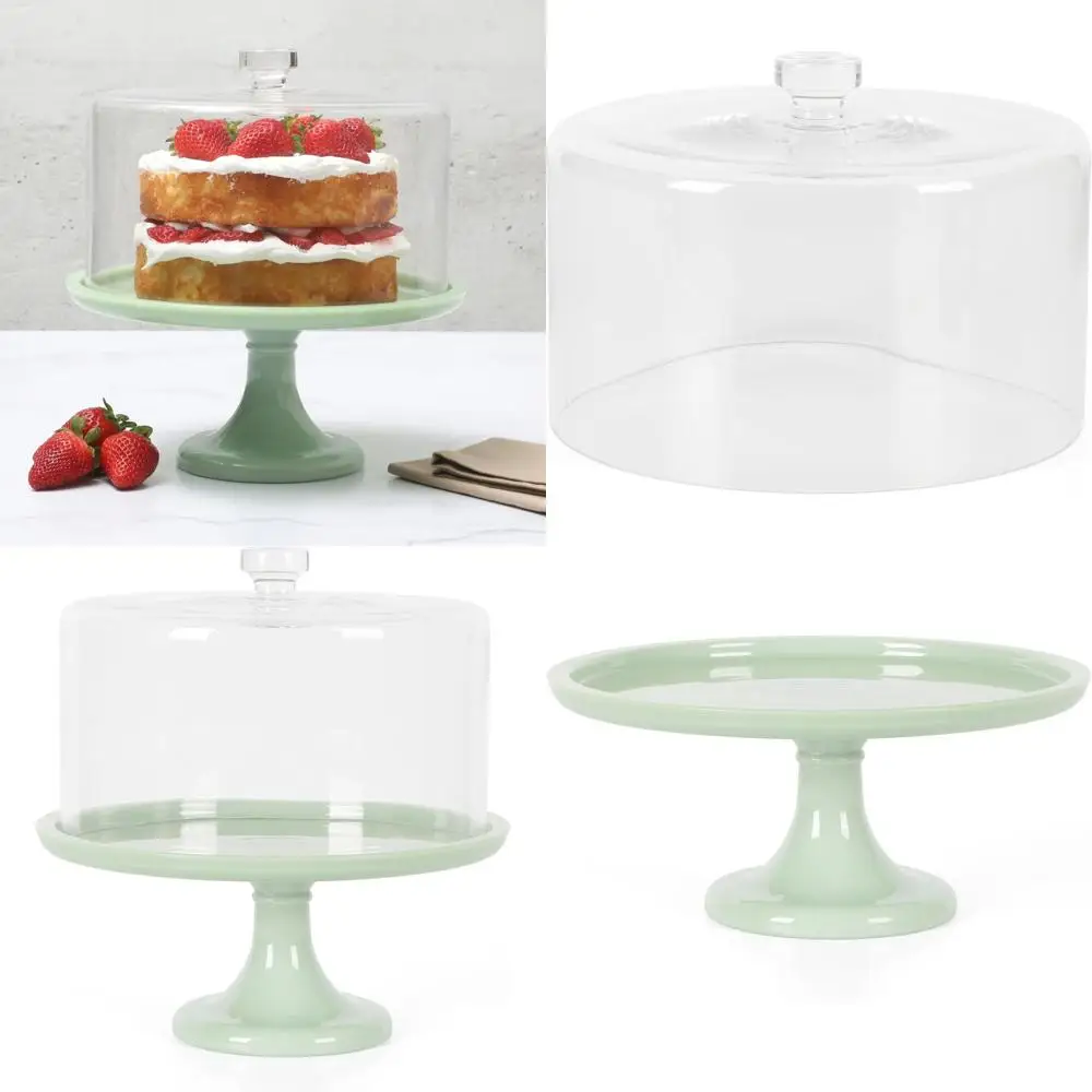 

Подставка для торта из винтажного жадеита 10 дюймов со стеклянным куполом - блюдо-поднос для тортов и пирожных