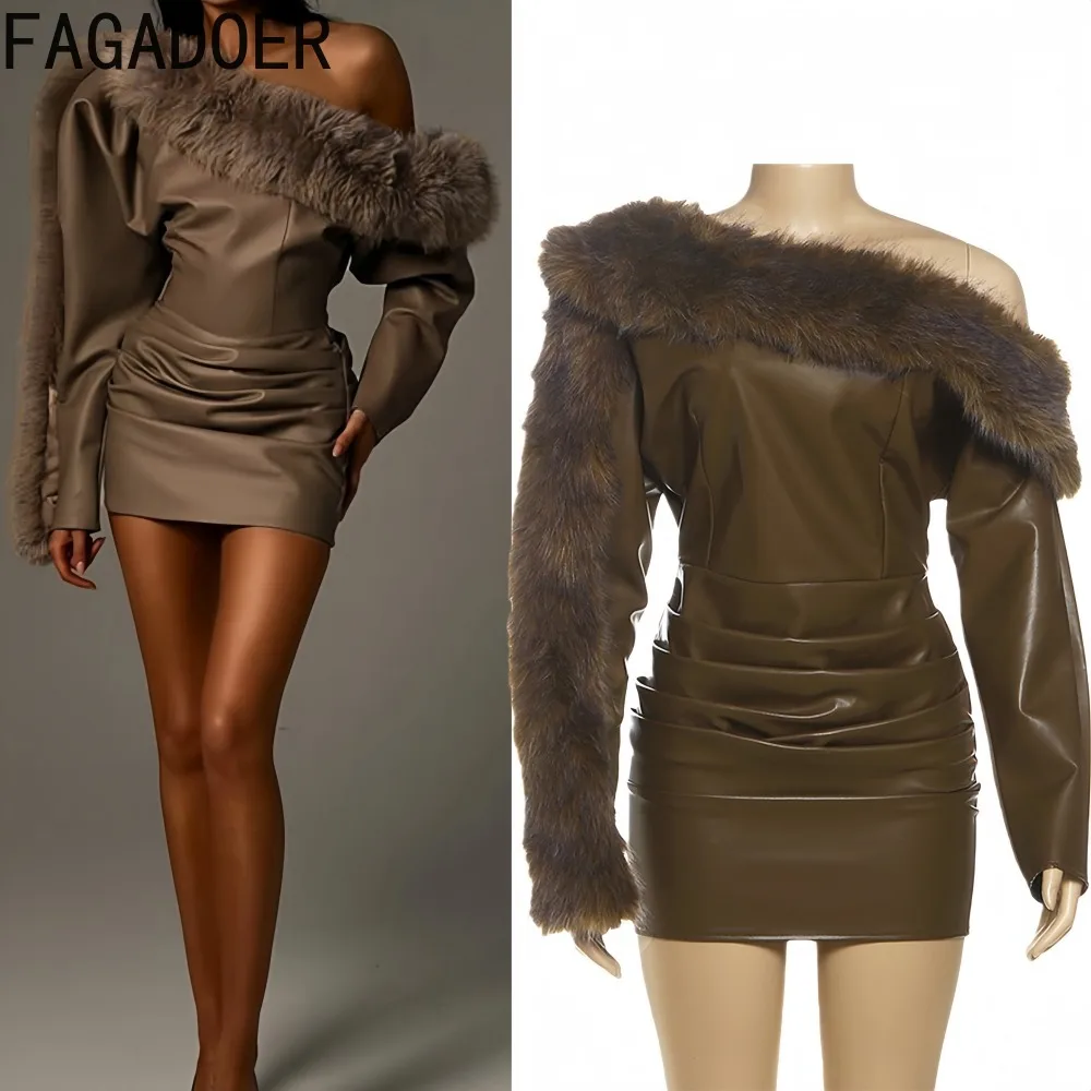 

FAGADOER Winter New Sexy Fur Patchwork Bodycon Dresses Women Solid Color Off Showlder Ruched Dress Female Streetwear Vestidos