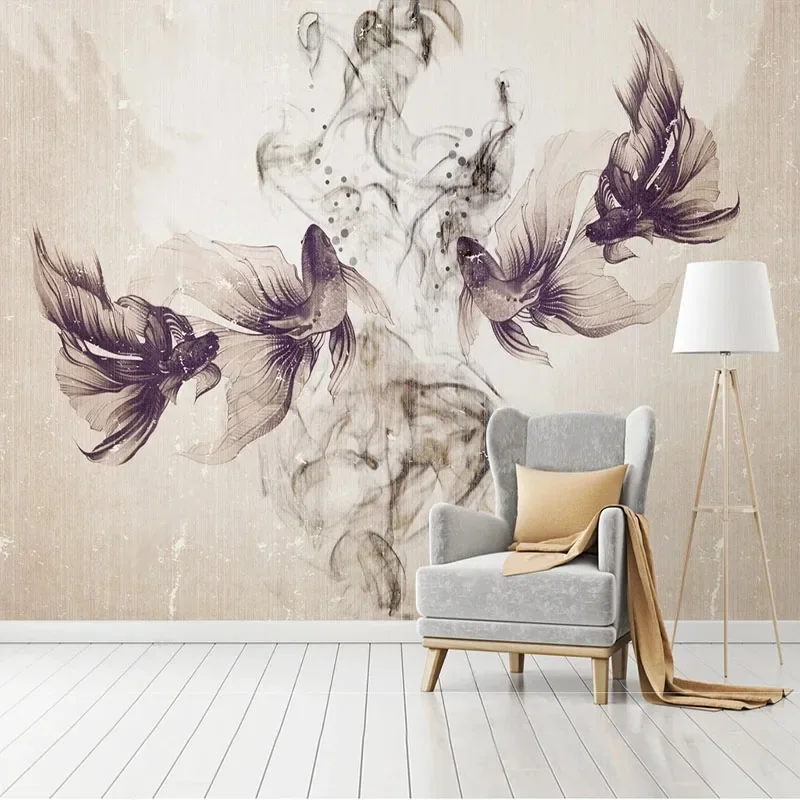 

Custom Photo 3D Nostalgic Retro Ink Smoke Fighting Fish Background Wall Wallpaper Mural Papel De Parede Home Décor Fresco Tapety