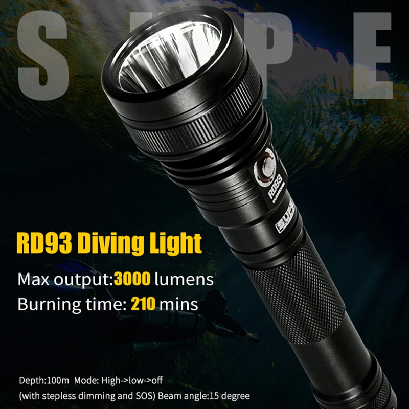 Scubalamp Rd93 Cave Scuba Diving Waterproof 3000 Lumens Glare Spotlight Flashlight Night Submersible Lamp Safety Equipment