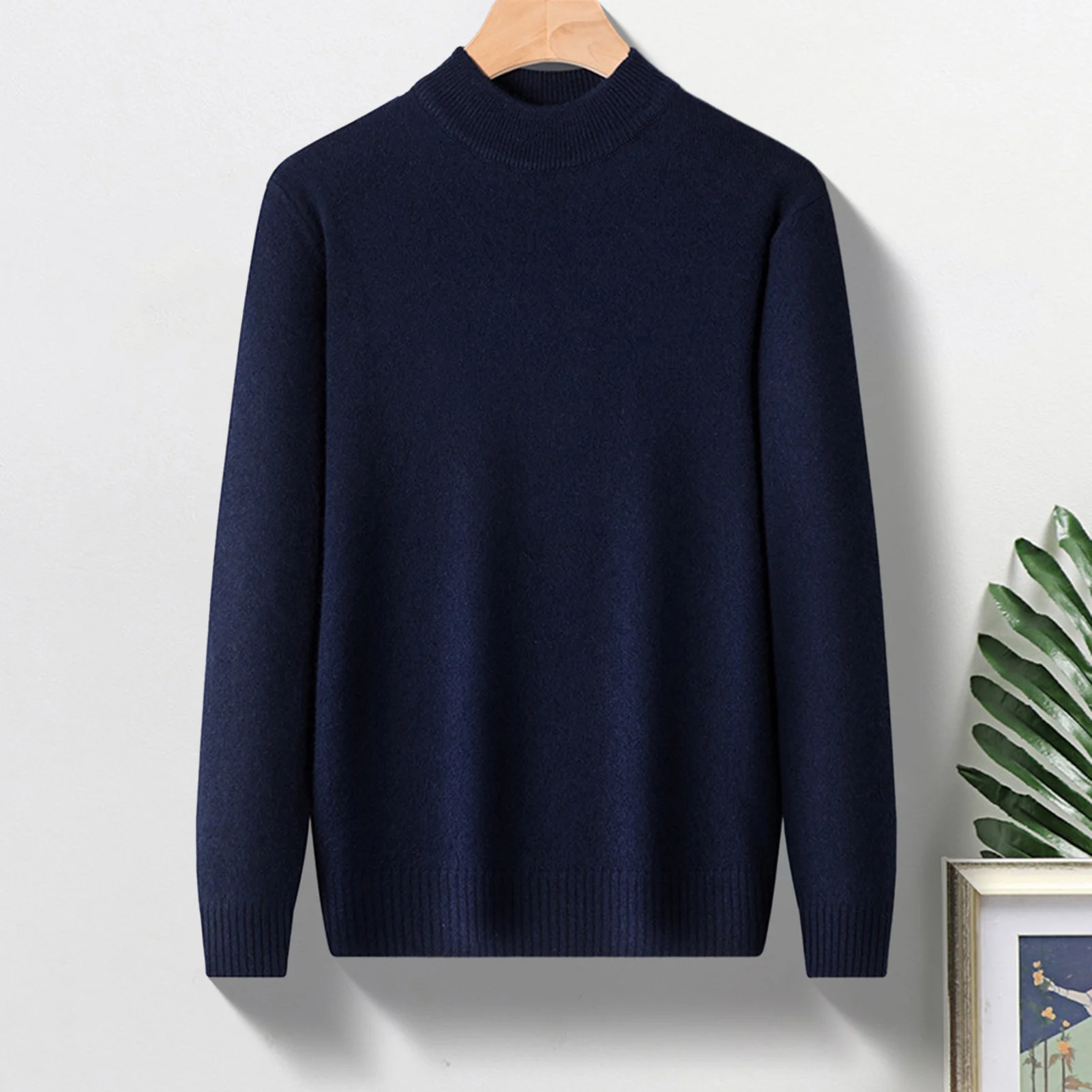 ผู้ชายถักเสื้อกันหนาว SLIM FIT รอบคอถักเสื้อกันหนาวสําหรับฤดูใบไม้ร่วงฤดูหนาวหนายืดหยุ่นแขนยาวสีทึบ Bottoming