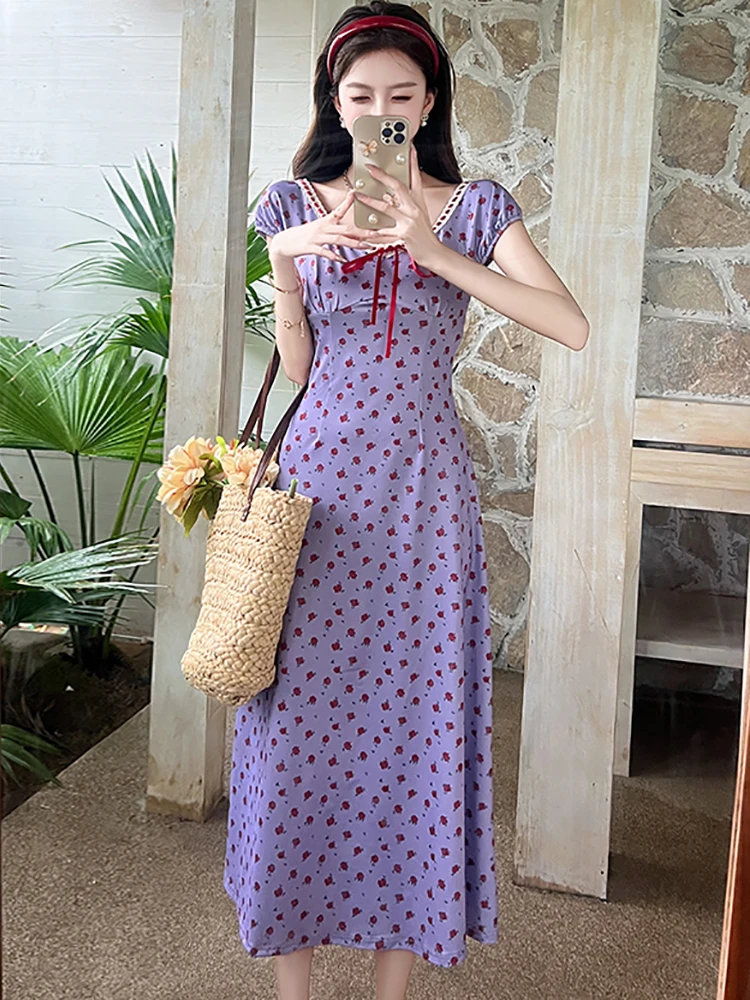 Zomer Paars Satijn Bloemen Chique Strik O-hals Lange Jurk Vrouwen Koreaanse Vintage Luxe Avondjurk 2025, Elegante Bodycon Feestjurk