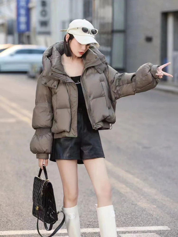 Windproof Hooded Down Jacket for Women, Crash Color, Splicing Cuffs, Warm Coat, Korean Street Fashion, Short Parka, Winter