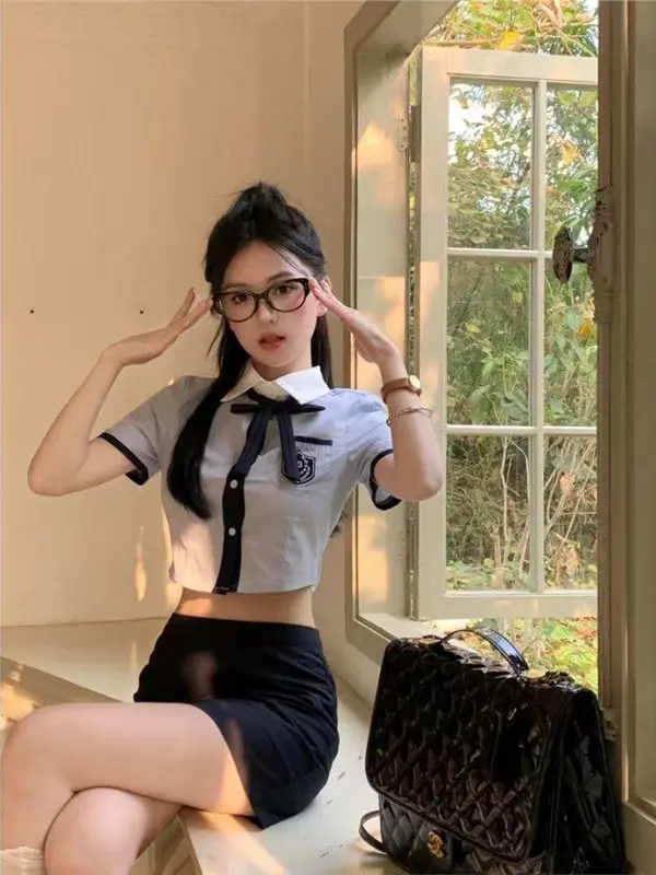 Korean College Style Jk Uniform Set Short Blue Shirt Women Summer  Skirt Sweet And Spicy Girl Short Top Student Workwear view 3