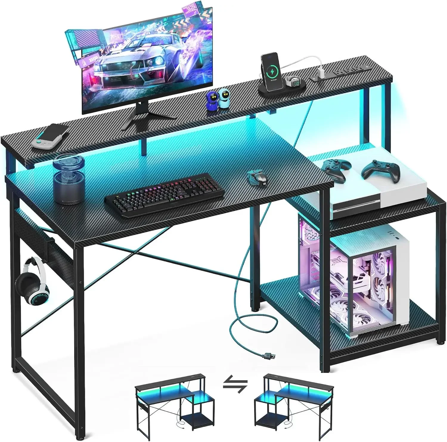 

Computer Desk, 48 Inch Gaming Desk with Led Lights & Power Outlet, Office Desk with Storage Shelves, Reversible Desk with Monito