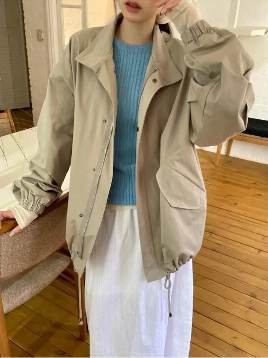 Retro Chic Workwear Jacket Women's Drawstring Waist Design Sense Autumn Spring Fashionable Versatile Windbreaker Korean Style
