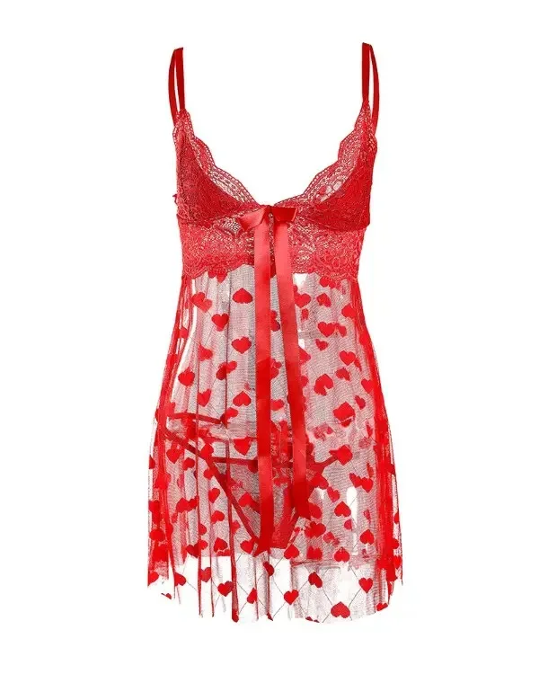 Women Red Heart Print Mesh Chemise Spaghetti Strap Lace V Neck Front Big Bow Sheer See Through Short Night Sleep Slip Dress 56HA