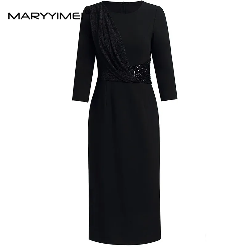 

MARYYIMEI Fashion Women's 2024 Spring New Elegant Round Neck Three Quarter Sleeved Sequin Irregular Vintage Ball Gown Dress