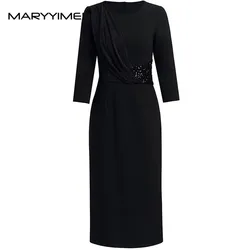 MARYYIMEI Fashion Women's 2024 Spring New Elegant Round Neck Three Quarter Sleeved Sequin Irregular Vintage Ball Gown Dress