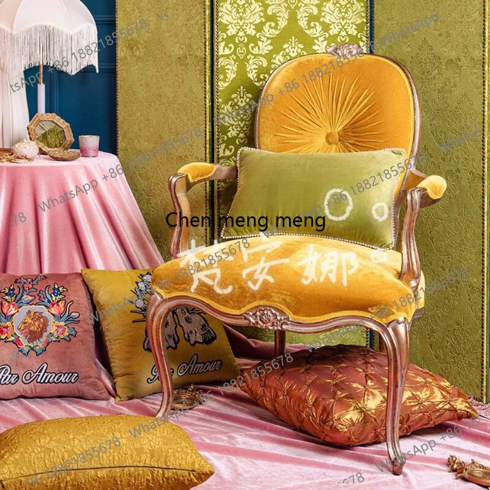 

European solid wood carving flower sofa chair high-end light luxury velvet fabric single chair high back dining chair