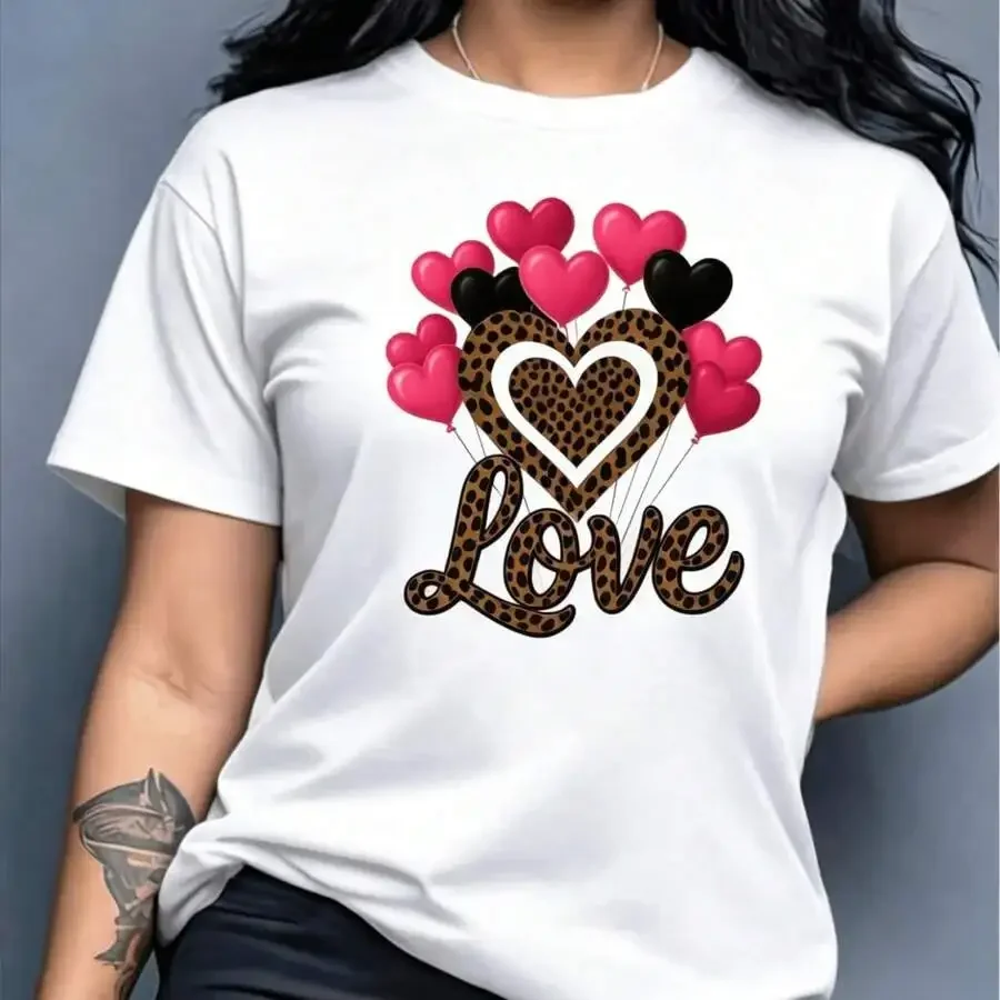 Women Short Sleeve T-Shirt Leopard Heart & Balloon Print Blouse, Machine Washable Comfort Casual Top Women's Summer Clothing