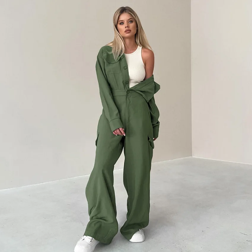 Uoozee Women's Solid Color Long Sleeves Wide Leg Cargo Jumpsuit Buttoned Casual Loose Utility Pockets Lapel Romper 2026 New