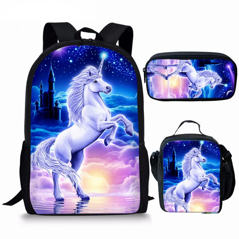 Harajuku Youthful Novelty Funny Unicorn 3D Print 3pcs/Set Student Travel bags Laptop Daypack Backpack Lunch Bag Pencil Case