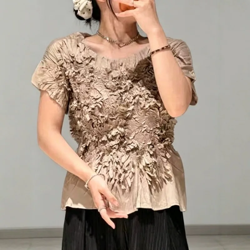 Miyake Pleated T-Shirt 2026 Summer New Original 3D Flower Pleated Top Women Solid Color Waist-Cinched Fashion Short Sleeve Pleat