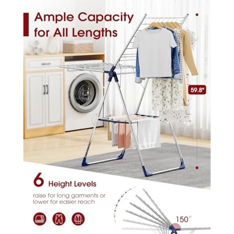 Clothes Drying Rack with Height-Adjustable Wings, Metal Foldable Laundry Dryer Stand for Clothing and Bedding, Free-Standing Co