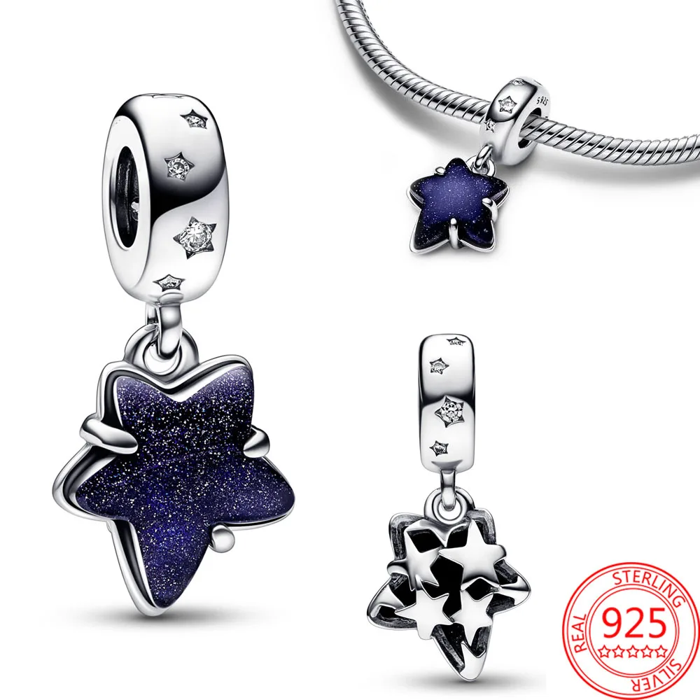 Hot Sale Real 925 Sterling Silver Blue Celestial Shooting Star Heart Double Charm Fit DIY Bracelet Necklaces Jewelry